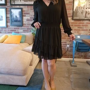 Michael Kors black flounce dress asymmetric ruffling cinch waist NWOT